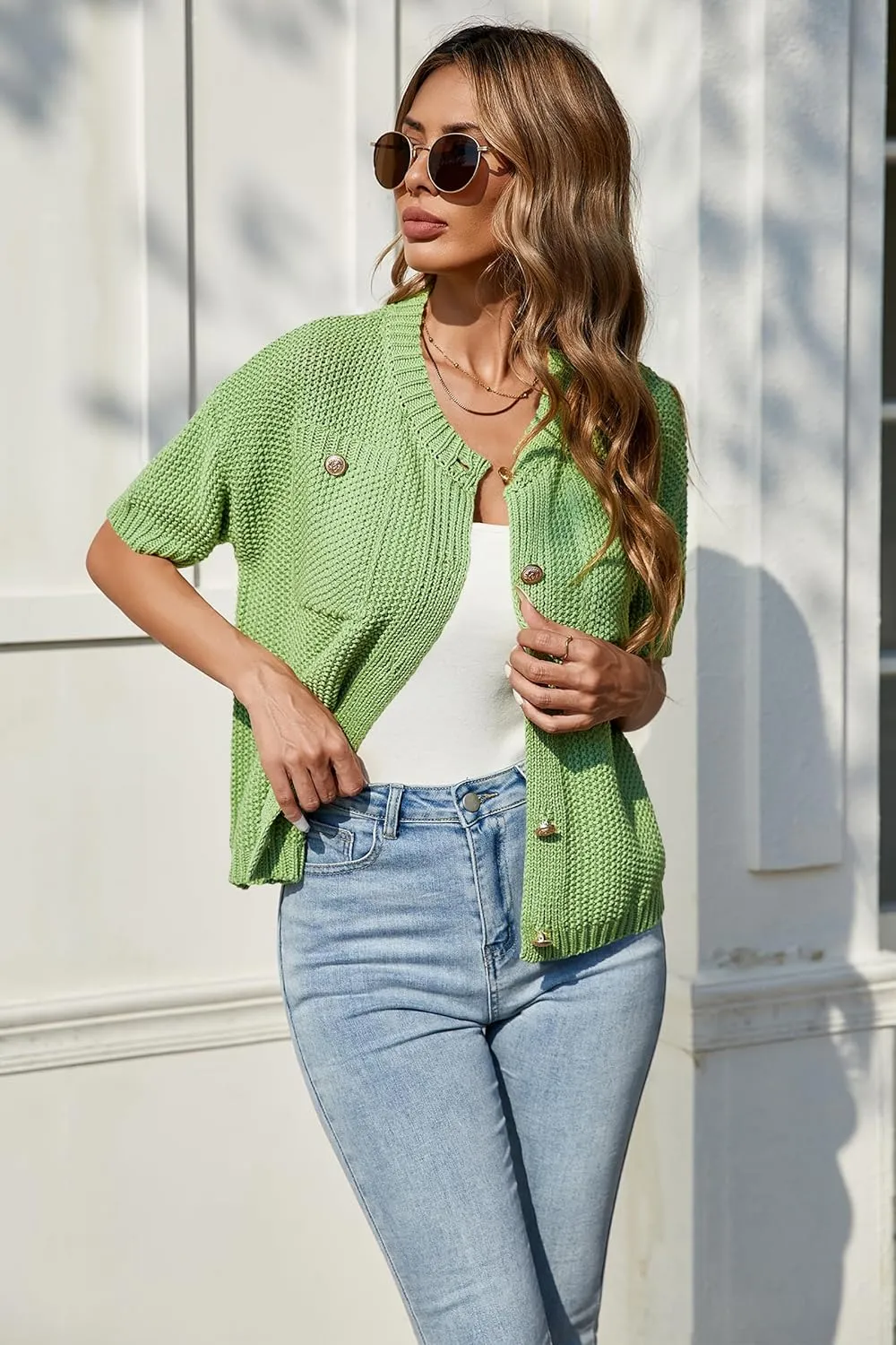 Cakulo Womens Short Sleeve Sweater Vest Button Down Cardigans Chunky Knit Sweaters Tops