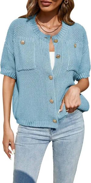 Cakulo Womens Short Sleeve Sweater Vest Button Down Cardigans Chunky Knit Sweaters Tops