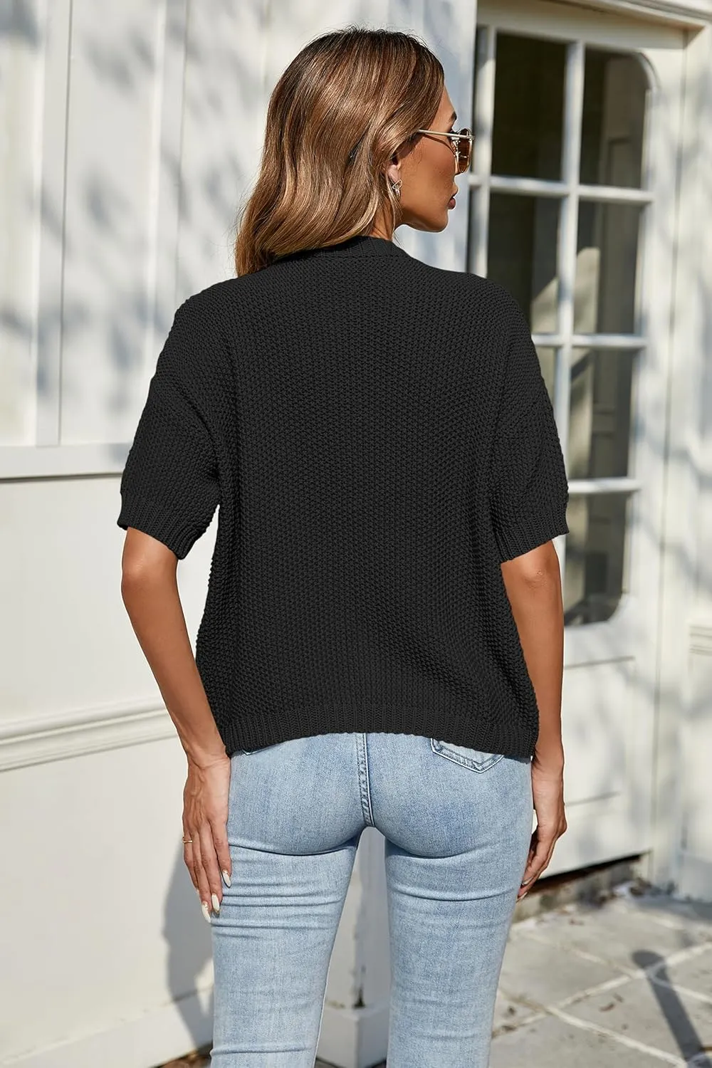 Cakulo Womens Short Sleeve Sweater Vest Button Down Cardigans Chunky Knit Sweaters Tops