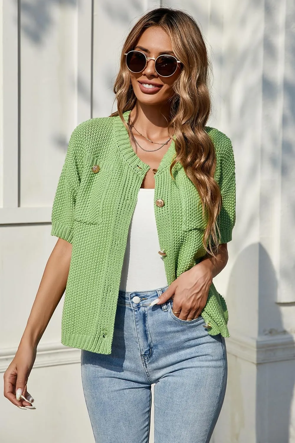 Cakulo Womens Short Sleeve Sweater Vest Button Down Cardigans Chunky Knit Sweaters Tops