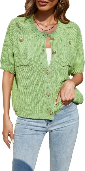 Cakulo Womens Short Sleeve Sweater Vest Button Down Cardigans Chunky Knit Sweaters Tops