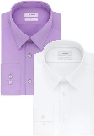 Calvin Klein Men's Dress Shirts Slim Fit Non Iron Solid, White/Iris, 15" Neck 34"-35" Sleeve