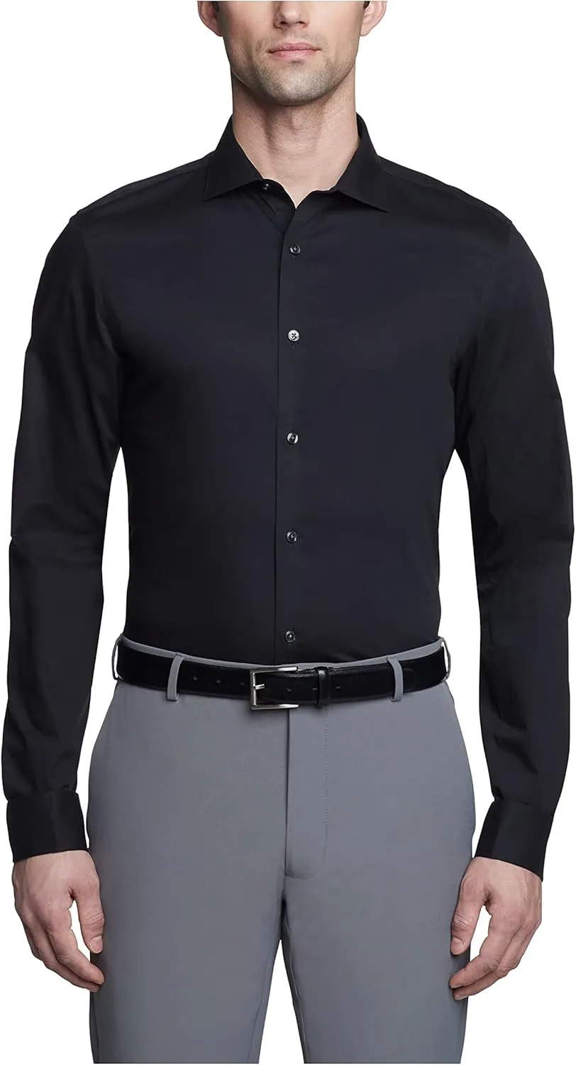 Calvin Klein Men's Non Iron Slim Fit Herringbone French Cuff Dress Shirt, Black, 17.5" Neck 32"-33" Sleeve