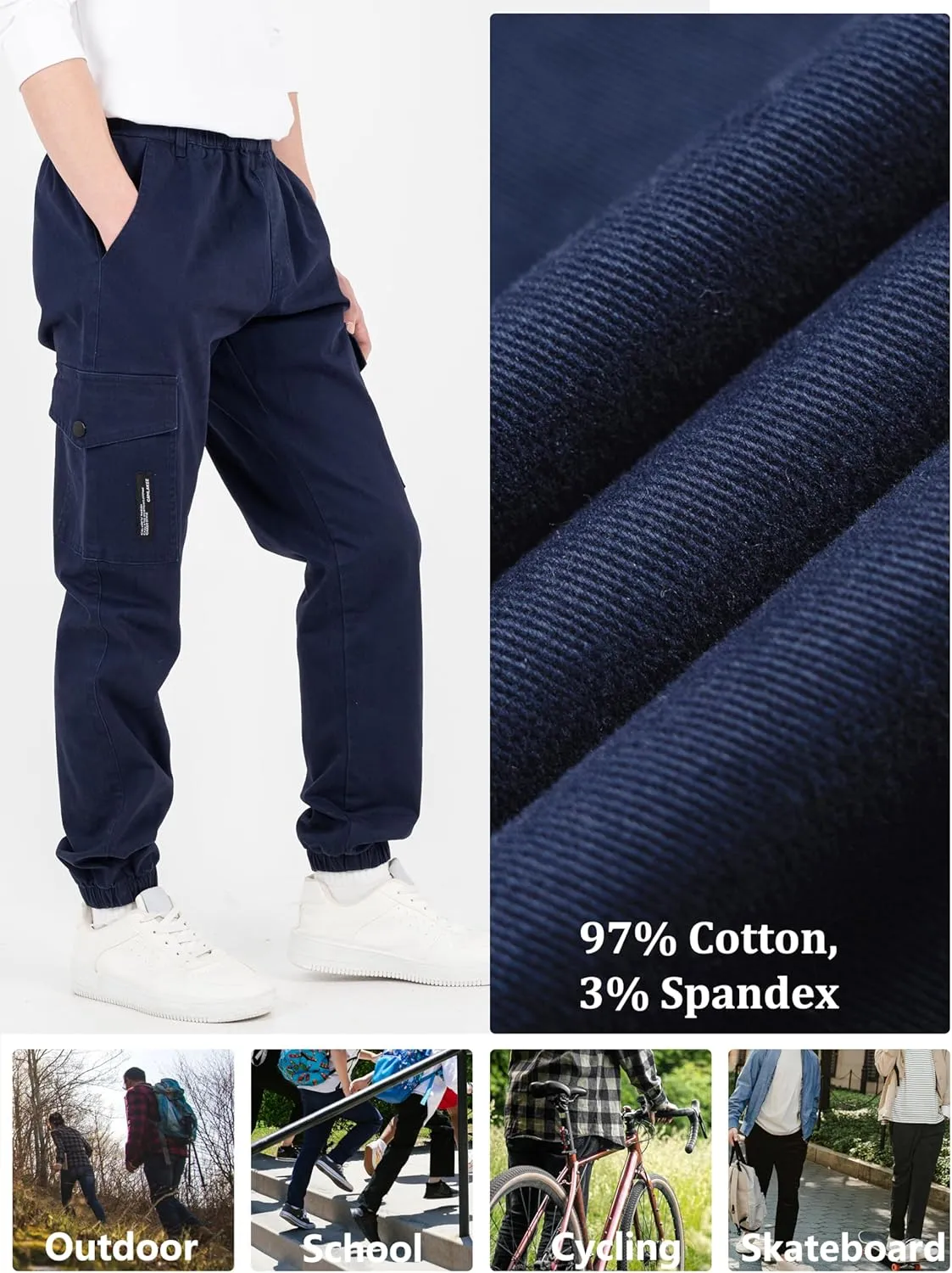 CAMLAKEE Boys Cargo Pants Stretch Elastic Waist School Kids Twill Joggers