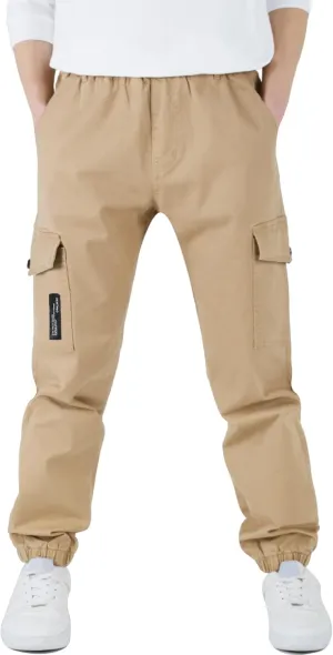 CAMLAKEE Boys Cargo Pants Stretch Elastic Waist School Kids Twill Joggers