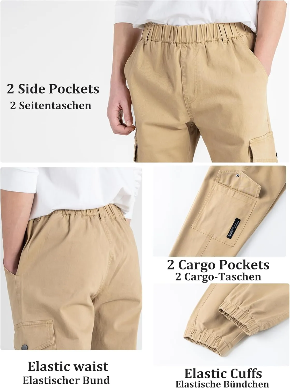 CAMLAKEE Boys Cargo Pants Stretch Elastic Waist School Kids Twill Joggers