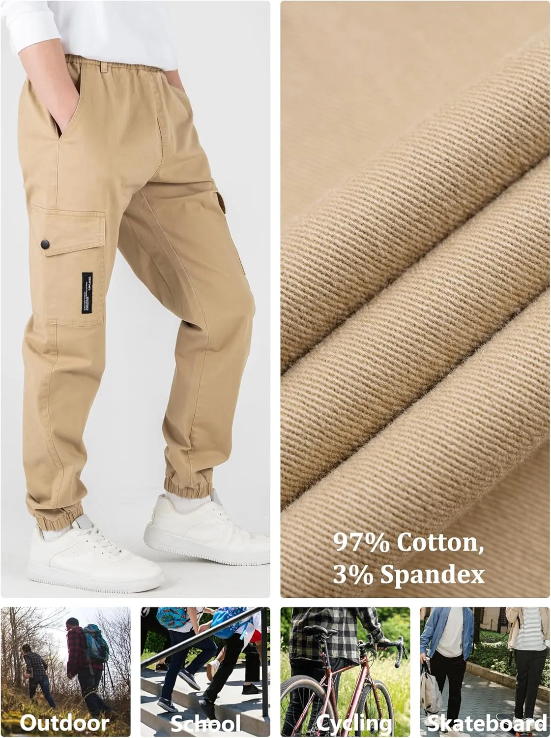 CAMLAKEE Boys Cargo Pants Stretch Elastic Waist School Kids Twill Joggers