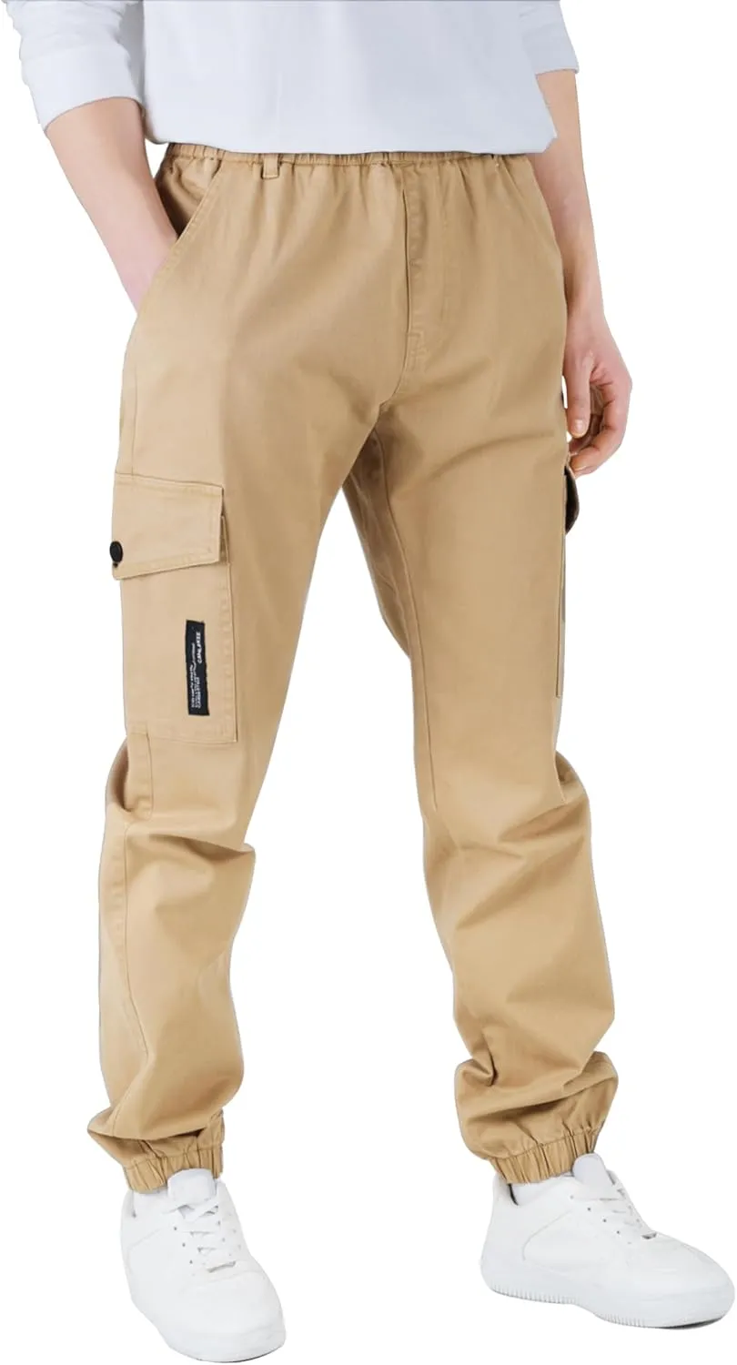 CAMLAKEE Boys Cargo Pants Stretch Elastic Waist School Kids Twill Joggers