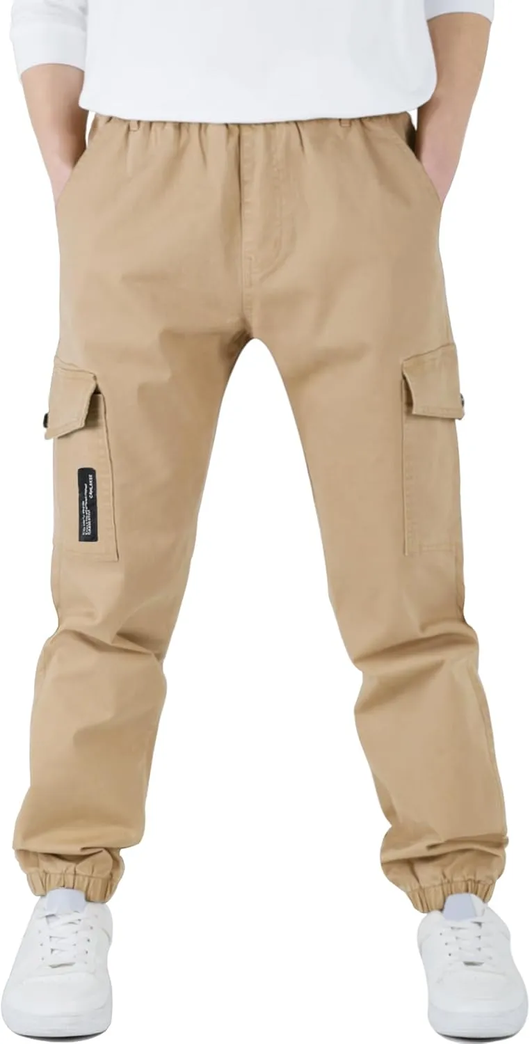 CAMLAKEE Boys Cargo Pants Stretch Elastic Waist School Kids Twill Joggers