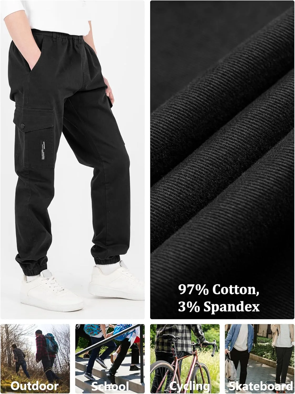CAMLAKEE Boys Cargo Pants Stretch Elastic Waist School Kids Twill Joggers