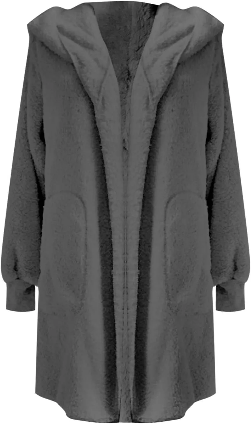 Cardigan Sweaters for Women Plus Size Long Sleeve Solid Fuzzy Fleece Open Front Hooded Cardigans Coats Casual Sherpa Jacket