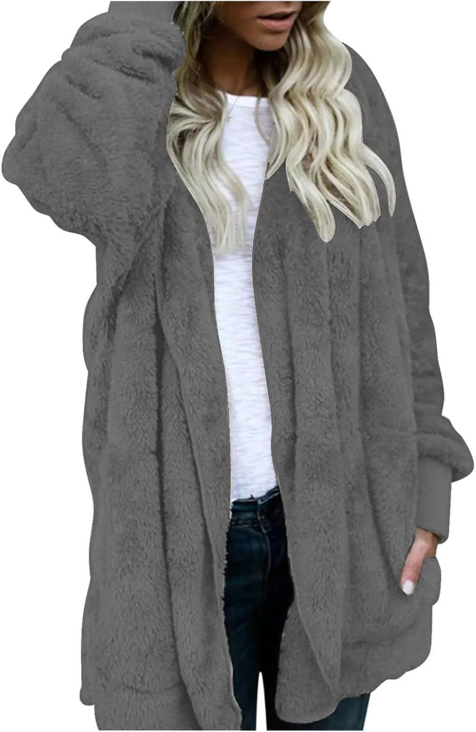 Cardigan Sweaters for Women Plus Size Long Sleeve Solid Fuzzy Fleece Open Front Hooded Cardigans Coats Casual Sherpa Jacket