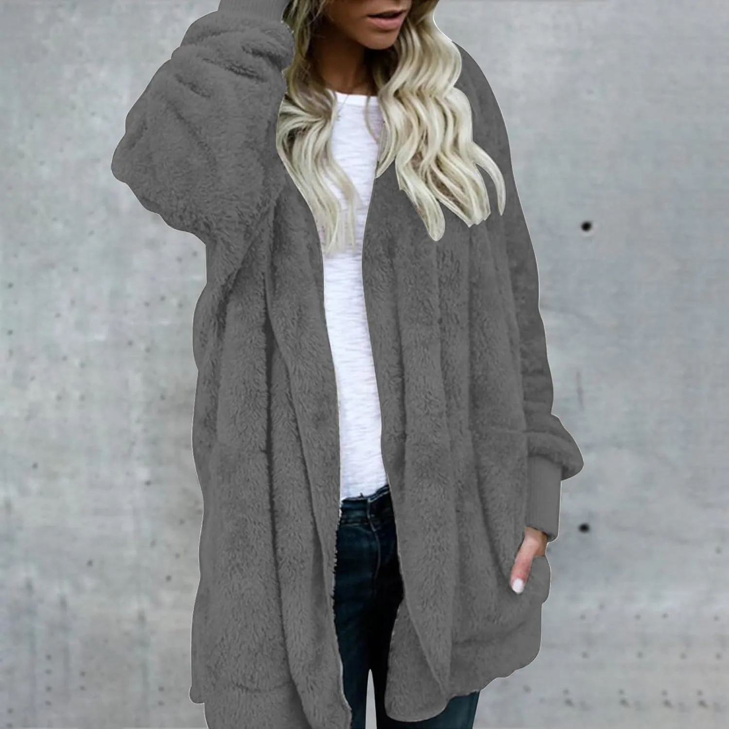 Cardigan Sweaters for Women Plus Size Long Sleeve Solid Fuzzy Fleece Open Front Hooded Cardigans Coats Casual Sherpa Jacket