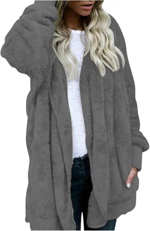 Cardigan Sweaters for Women Plus Size Long Sleeve Solid Fuzzy Fleece Open Front Hooded Cardigans Coats Casual Sherpa Jacket