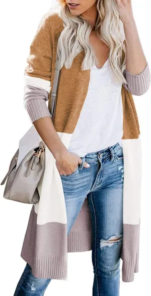 CARDYDONY Women's Long Cardigan Open Front Color Block Cardigan Knit Sweaters