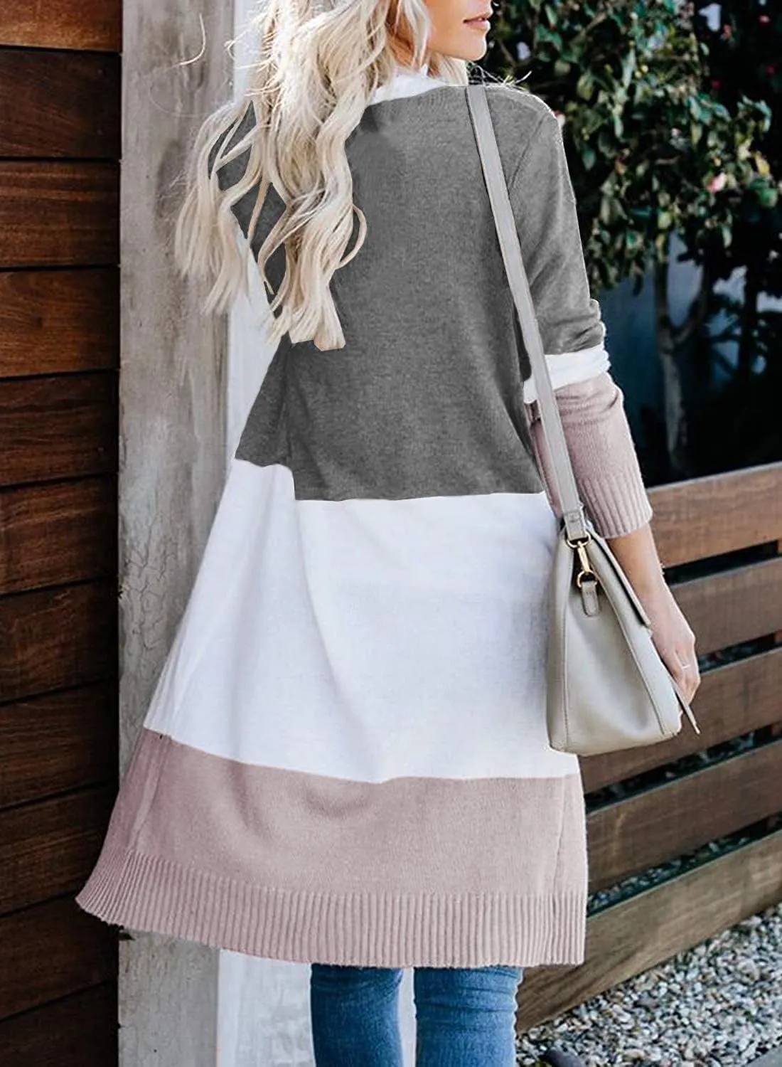 CARDYDONY Women's Long Cardigan Open Front Color Block Cardigan Knit Sweaters