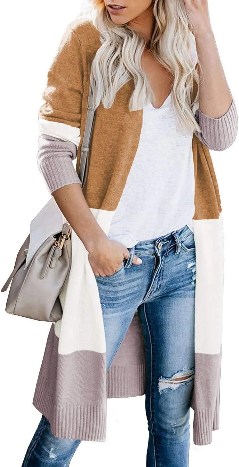 CARDYDONY Women's Long Cardigan Open Front Color Block Cardigan Knit Sweaters