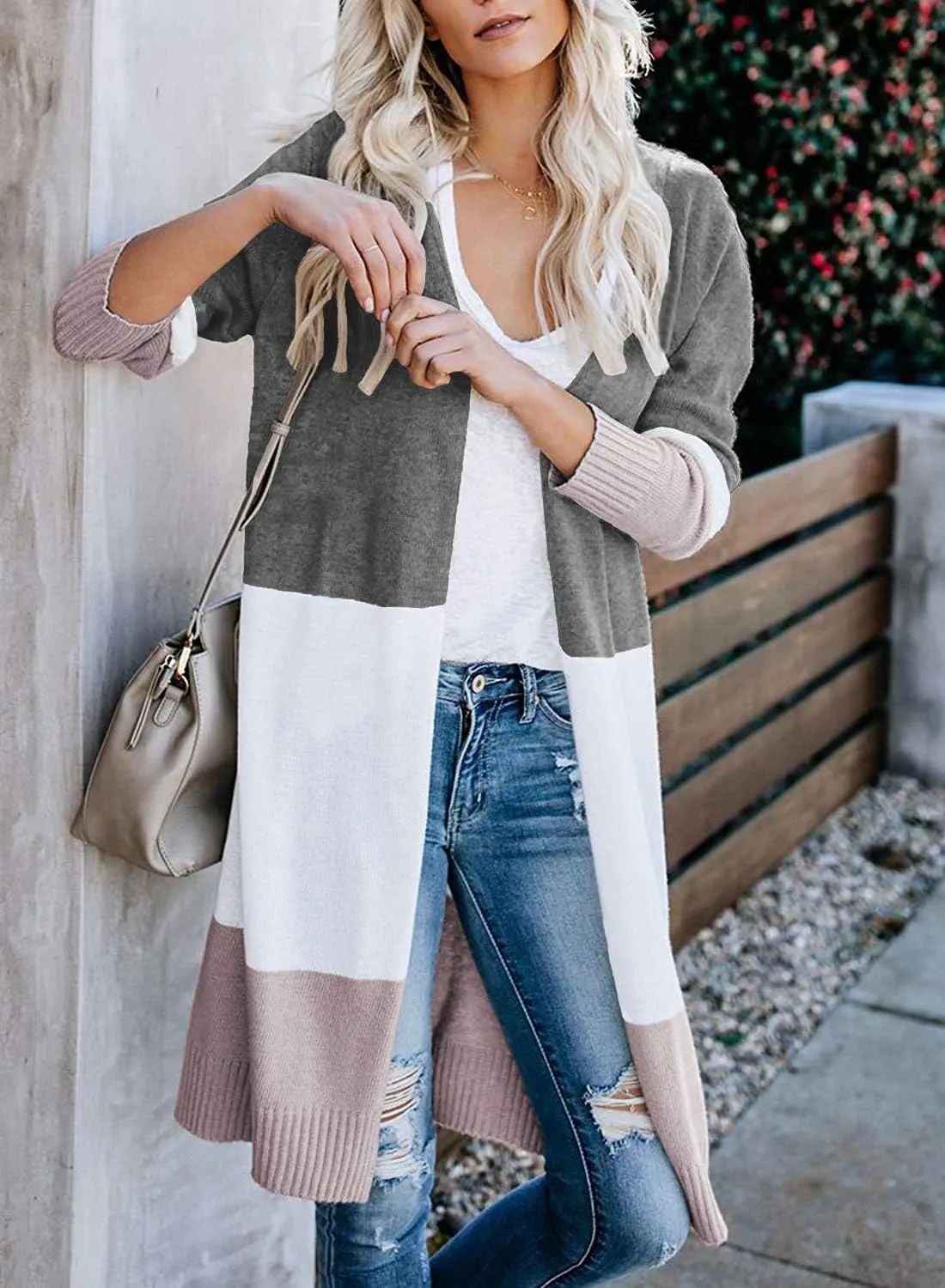 CARDYDONY Women's Long Cardigan Open Front Color Block Cardigan Knit Sweaters