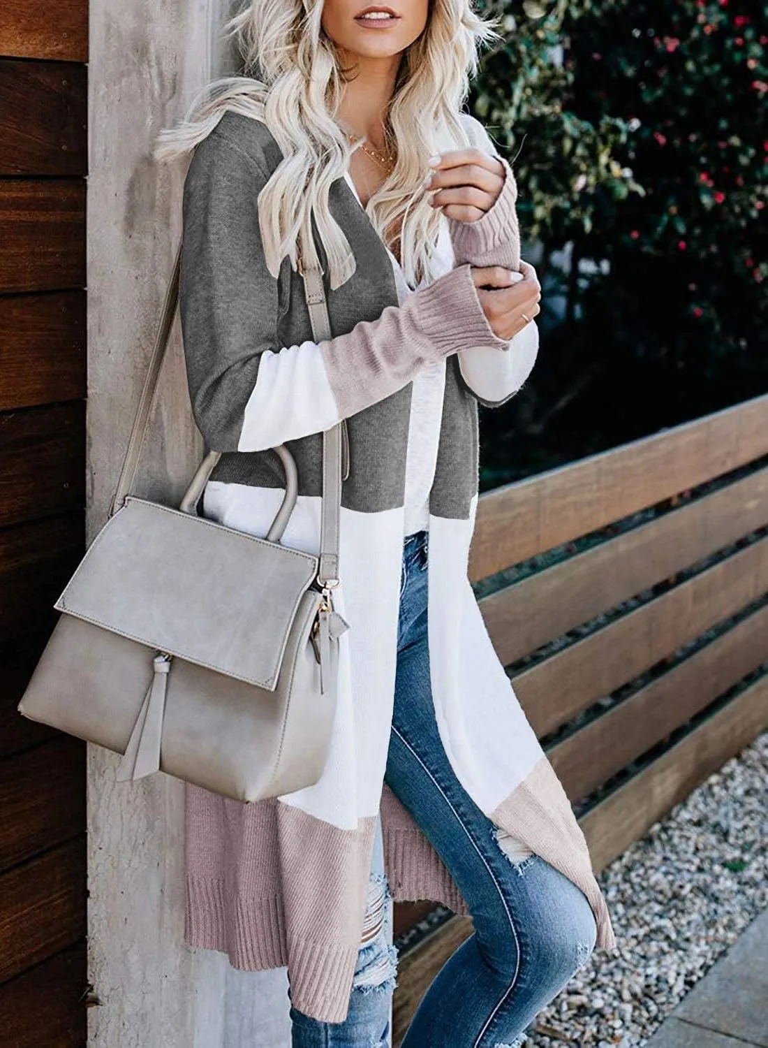CARDYDONY Women's Long Cardigan Open Front Color Block Cardigan Knit Sweaters