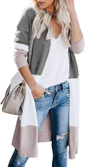 CARDYDONY Women's Long Cardigan Open Front Color Block Cardigan Knit Sweaters