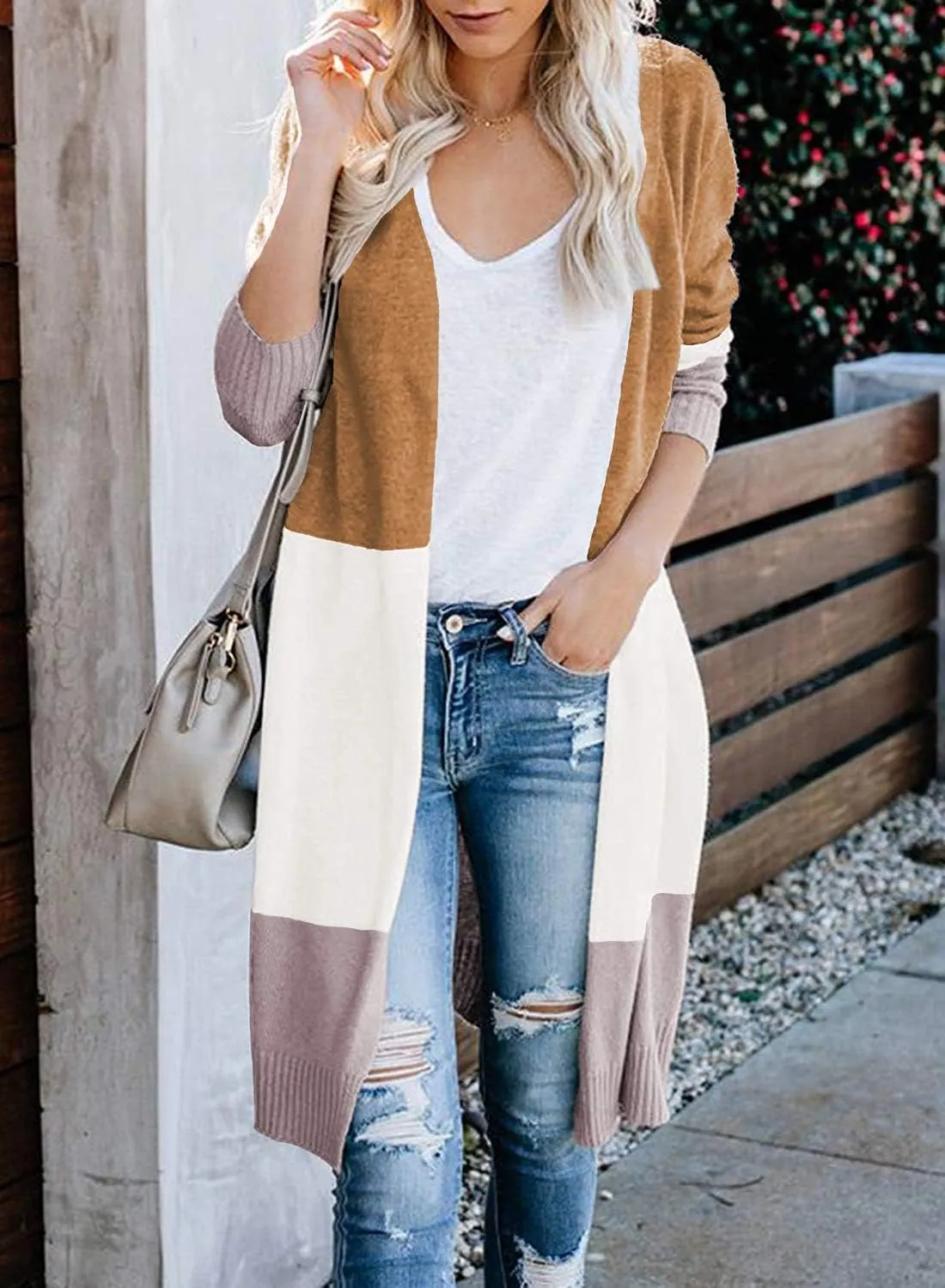 CARDYDONY Women's Long Cardigan Open Front Color Block Cardigan Knit Sweaters