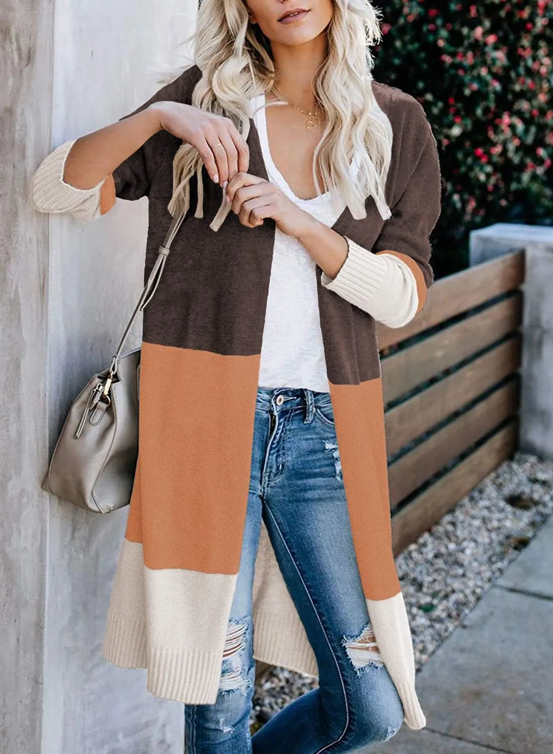 CARDYDONY Women's Long Cardigan Open Front Color Block Cardigan Knit Sweaters