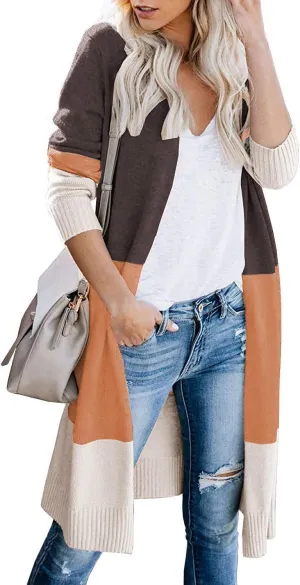 CARDYDONY Women's Long Cardigan Open Front Color Block Cardigan Knit Sweaters