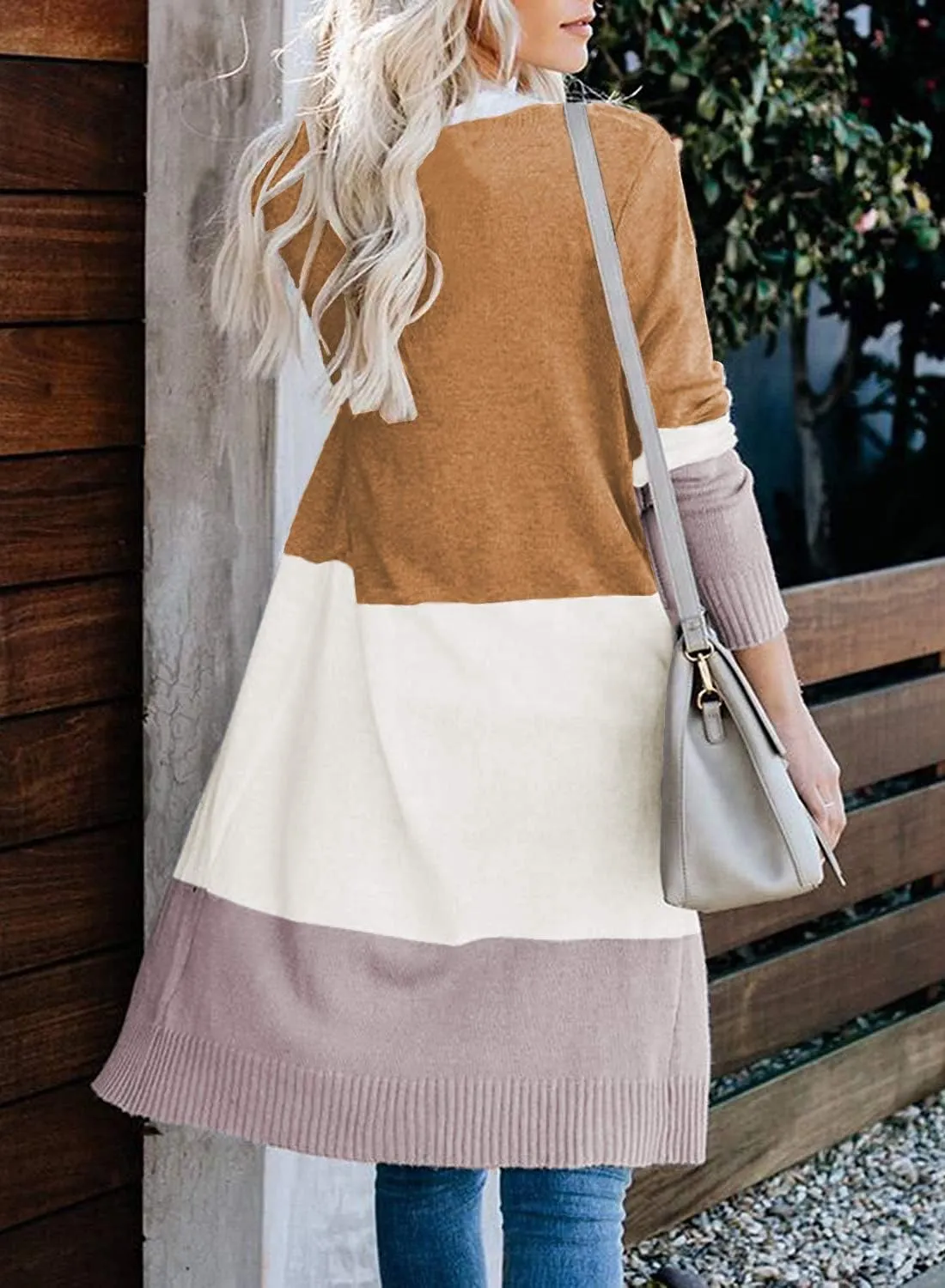 CARDYDONY Women's Long Cardigan Open Front Color Block Cardigan Knit Sweaters
