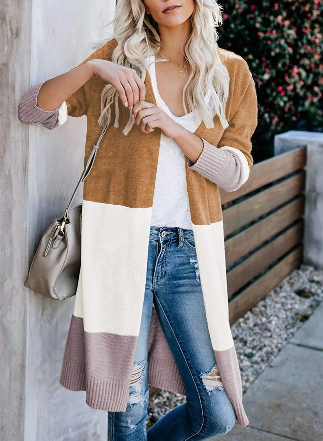 CARDYDONY Women's Long Cardigan Open Front Color Block Cardigan Knit Sweaters