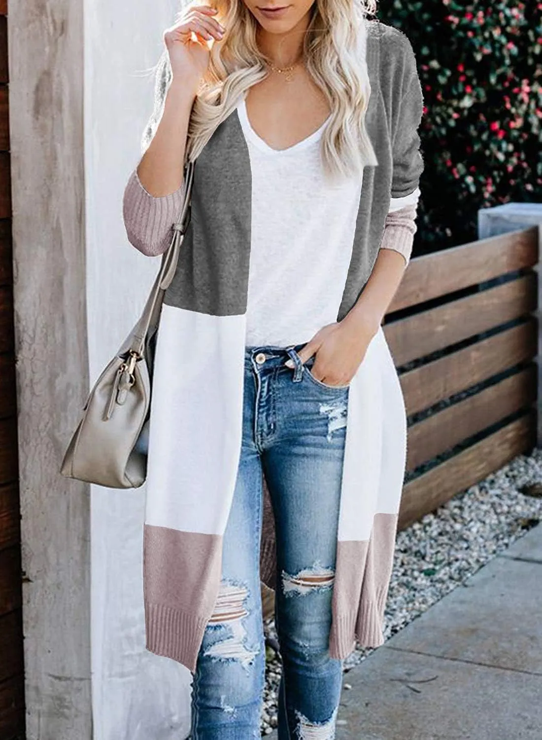 CARDYDONY Women's Long Cardigan Open Front Color Block Cardigan Knit Sweaters