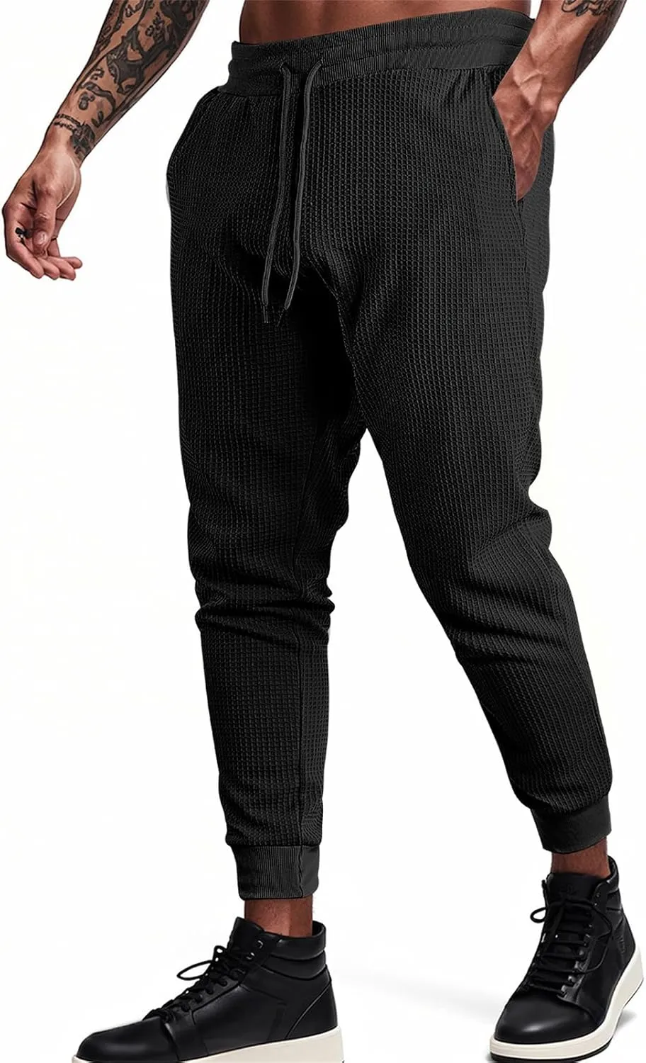 Casual Waffle Sweatpants for Men Drawstring Stretchy Athletic Pant Comfy Breathable Tapered Pants Gym Workout Trouser