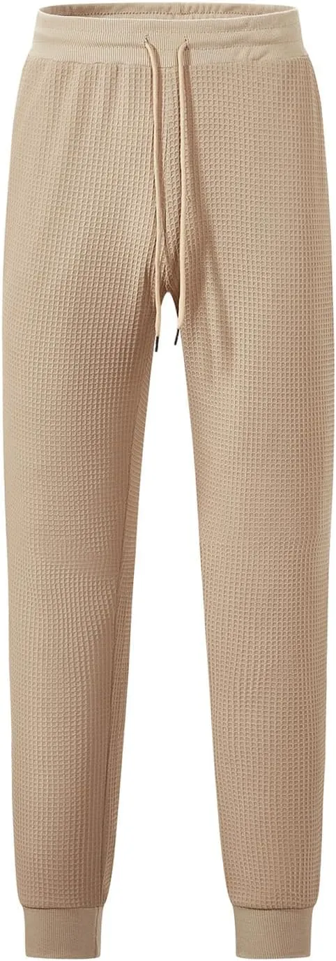 Casual Waffle Sweatpants for Men Drawstring Stretchy Athletic Pant Comfy Breathable Tapered Pants Gym Workout Trouser
