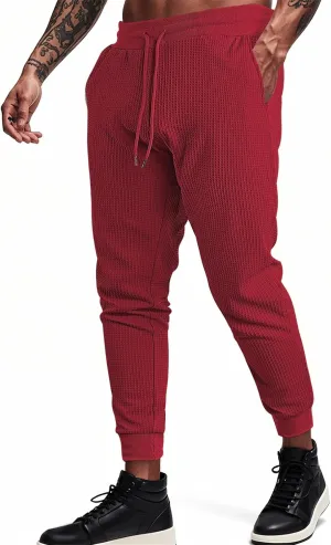 Casual Waffle Sweatpants for Men Drawstring Stretchy Athletic Pant Comfy Breathable Tapered Pants Gym Workout Trouser