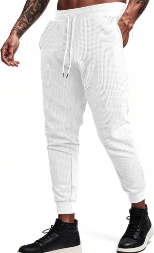 Casual Waffle Sweatpants for Men Drawstring Stretchy Athletic Pant Comfy Breathable Tapered Pants Gym Workout Trouser