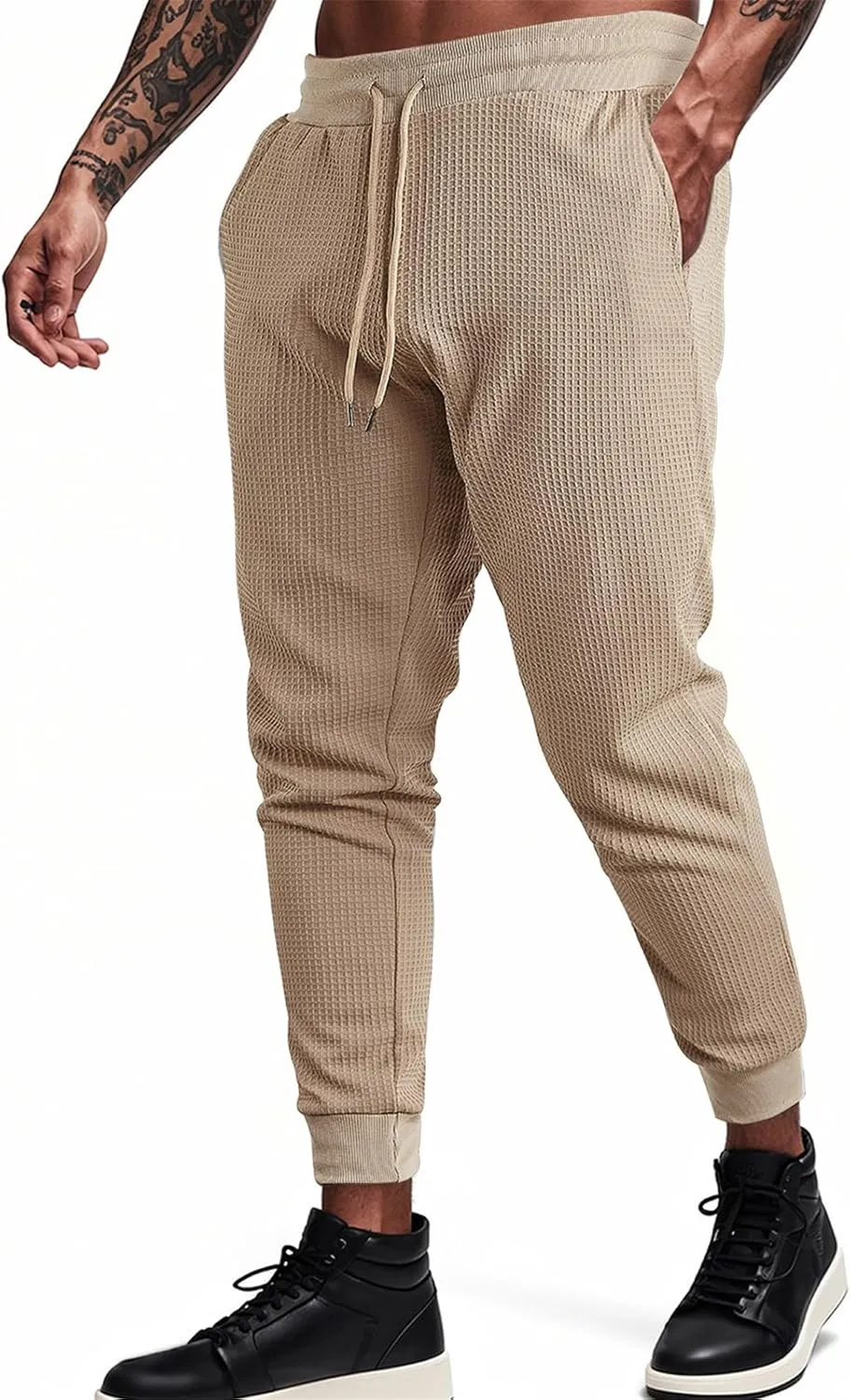 Casual Waffle Sweatpants for Men Drawstring Stretchy Athletic Pant Comfy Breathable Tapered Pants Gym Workout Trouser