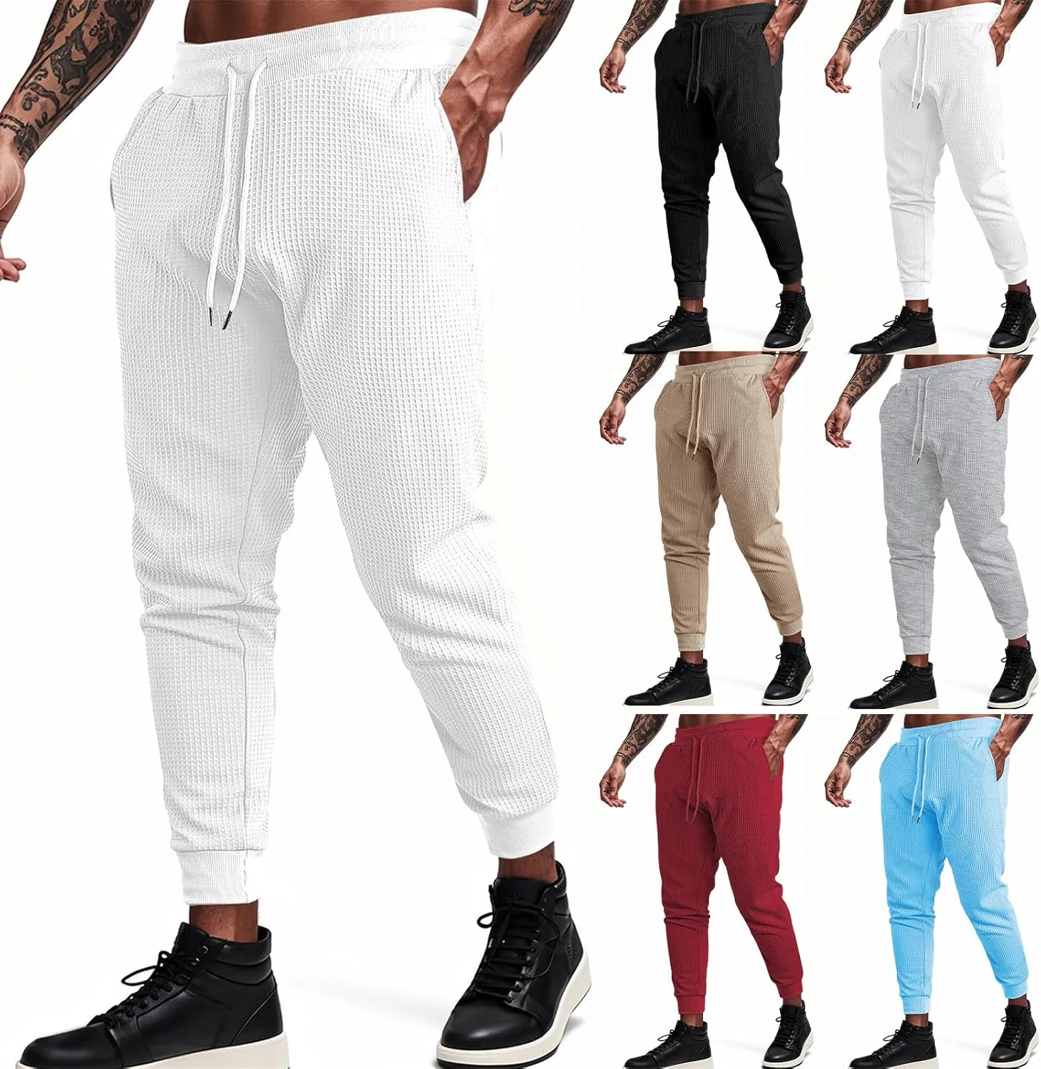 Casual Waffle Sweatpants for Men Drawstring Stretchy Athletic Pant Comfy Breathable Tapered Pants Gym Workout Trouser