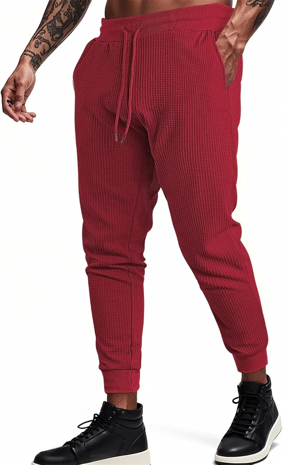 Casual Waffle Sweatpants for Men Drawstring Stretchy Athletic Pant Comfy Breathable Tapered Pants Gym Workout Trouser