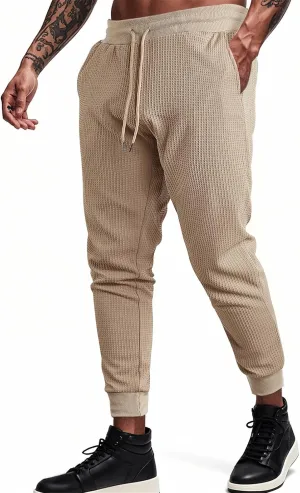 Casual Waffle Sweatpants for Men Drawstring Stretchy Athletic Pant Comfy Breathable Tapered Pants Gym Workout Trouser