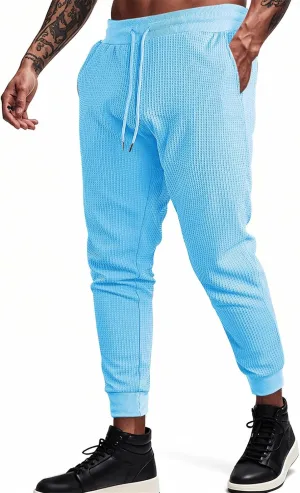Casual Waffle Sweatpants for Men Drawstring Stretchy Athletic Pant Comfy Breathable Tapered Pants Gym Workout Trouser