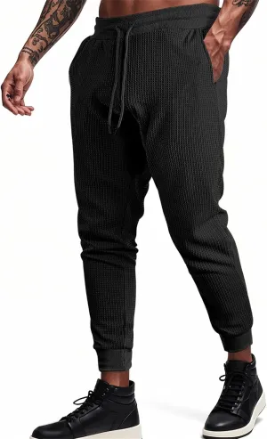 Casual Waffle Sweatpants for Men Drawstring Stretchy Athletic Pant Comfy Breathable Tapered Pants Gym Workout Trouser