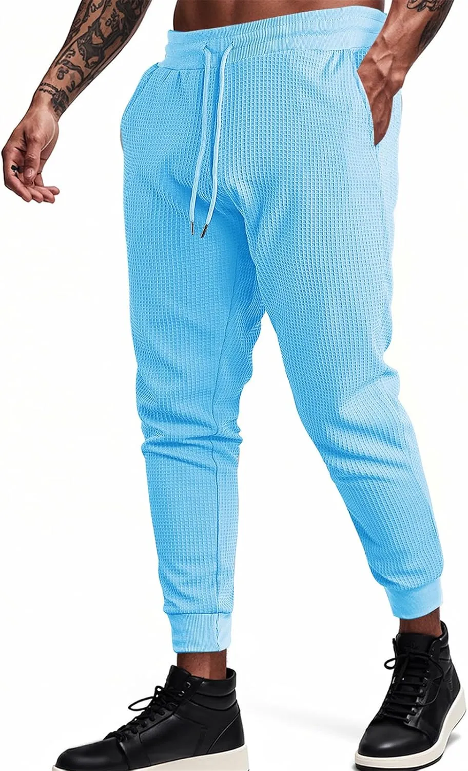 Casual Waffle Sweatpants for Men Drawstring Stretchy Athletic Pant Comfy Breathable Tapered Pants Gym Workout Trouser
