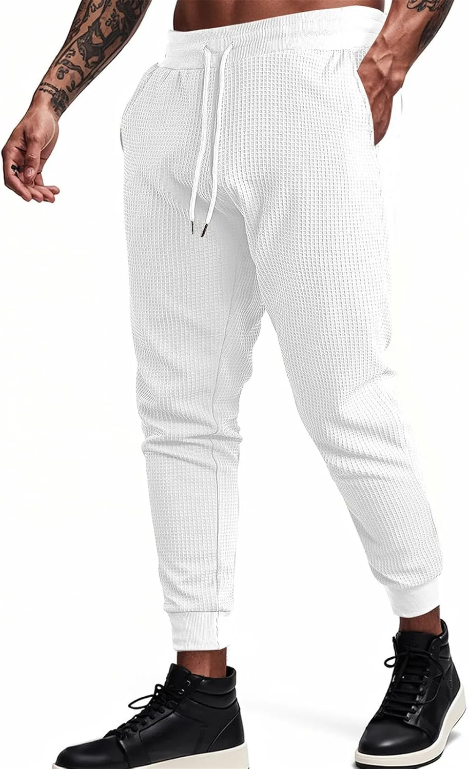 Casual Waffle Sweatpants for Men Drawstring Stretchy Athletic Pant Comfy Breathable Tapered Pants Gym Workout Trouser