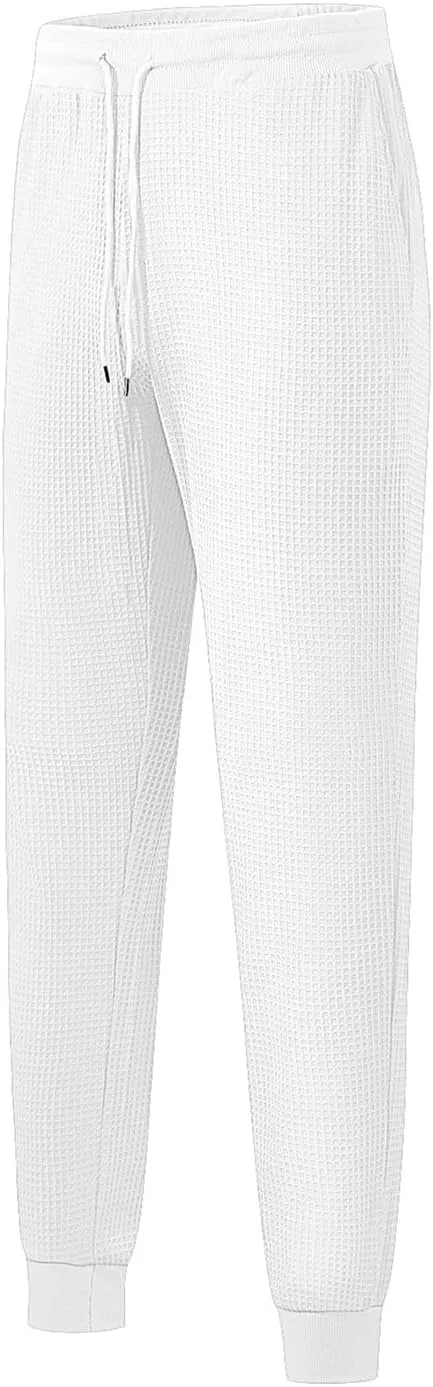 Casual Waffle Sweatpants for Men Drawstring Stretchy Athletic Pant Comfy Breathable Tapered Pants Gym Workout Trouser