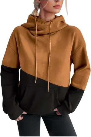 Color Block Hoodie Women Drawstring Sweatshirts with Kangaroo Pocket Y2K Preppy Trendy Casual Loose Hooded Pullovers