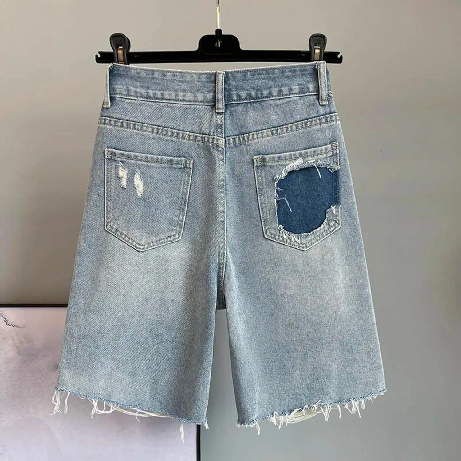 Colorful Diamond Studded Nail Bead Ripped Jeans Blue High Waisted Loose Shorts Shiny Versatile Casual Trousers