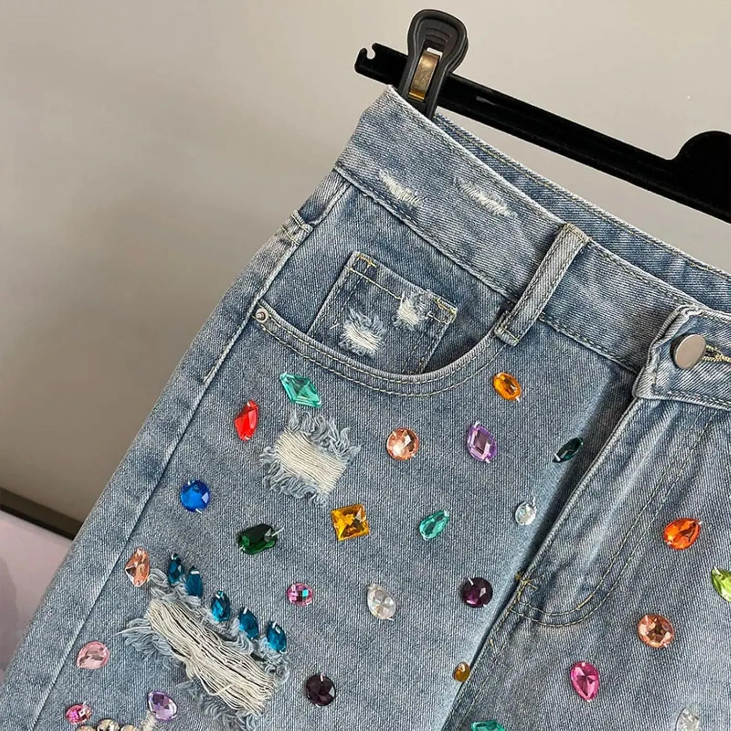 Colorful Diamond Studded Nail Bead Ripped Jeans Blue High Waisted Loose Shorts Shiny Versatile Casual Trousers