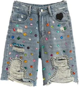 Colorful Diamond Studded Nail Bead Ripped Jeans Blue High Waisted Loose Shorts Shiny Versatile Casual Trousers