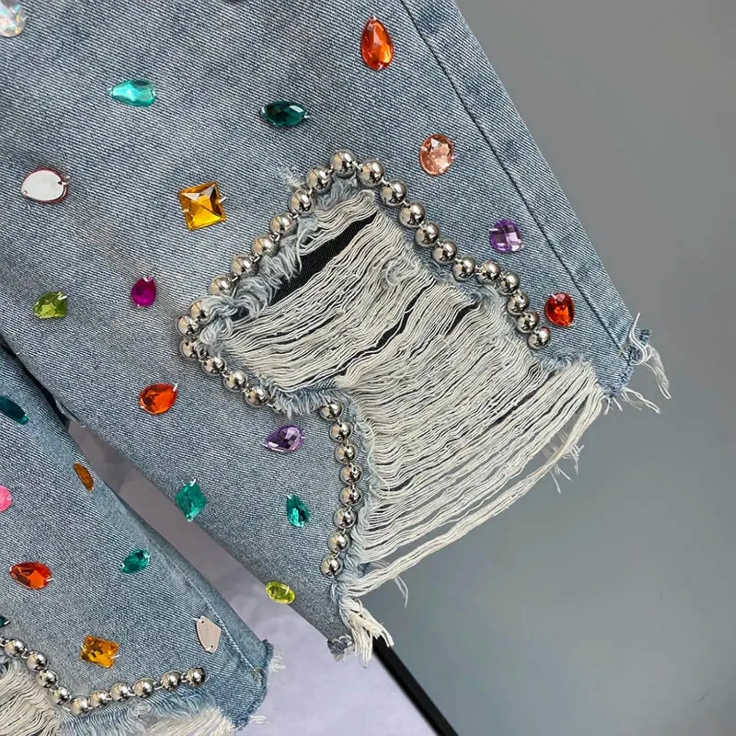 Colorful Diamond Studded Nail Bead Ripped Jeans Blue High Waisted Loose Shorts Shiny Versatile Casual Trousers
