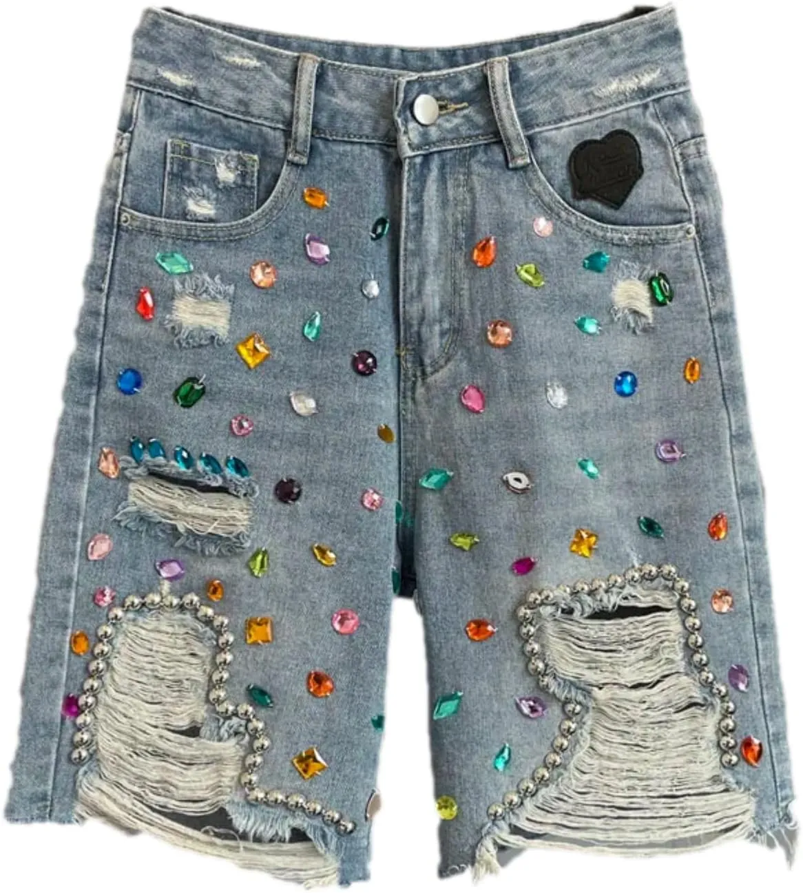 Colorful Diamond Studded Nail Bead Ripped Jeans Blue High Waisted Loose Shorts Shiny Versatile Casual Trousers