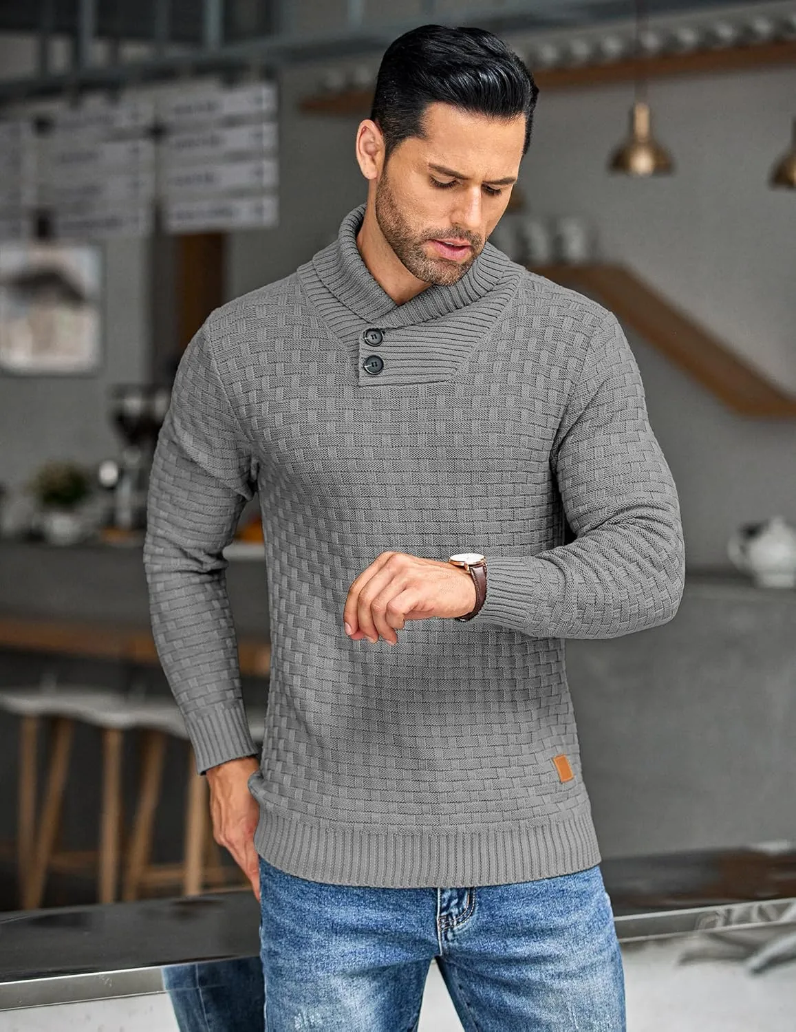 COOFANDY Men's Shawl Collar Pullover Sweater Casual Slim Fit Button Textured Knit Sweaters